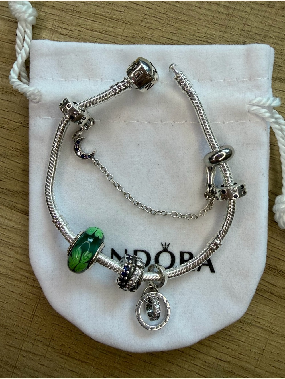 Pandora Silver Bracelet with Green Murano and Blue Accents